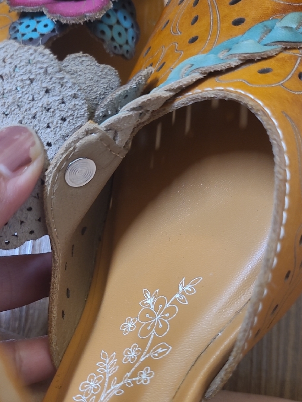 L'ATISTE Tan Leather Ankle-Strap Heels with Pink and Teal Floral Accents - Picture 10 of 14